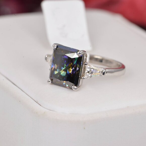 Certified 5.5ct Rainbow Blue Emerald Cut Engagement Moissanite Ring 925 - Picture 4 of 4